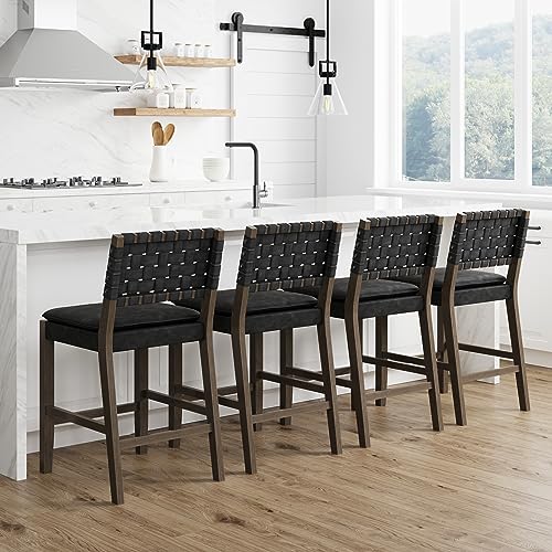 Image of Nathan James Cohen Mid-Century Modern Suede Bar Stool, Counter Height Chair in Solid Wood Frame with Footrest and Woven Suede Back for Kitchen, Black, Set of 4