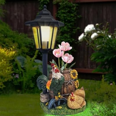 Muzzysse Rooster Statues Outdoor Solar Sculptures with Solar Lights and Flowerpot Funny Garden Decor Animal Figurines Resin Outdoor Statues for Patio Yard Lawn Balcony Grandma Mom Gifts