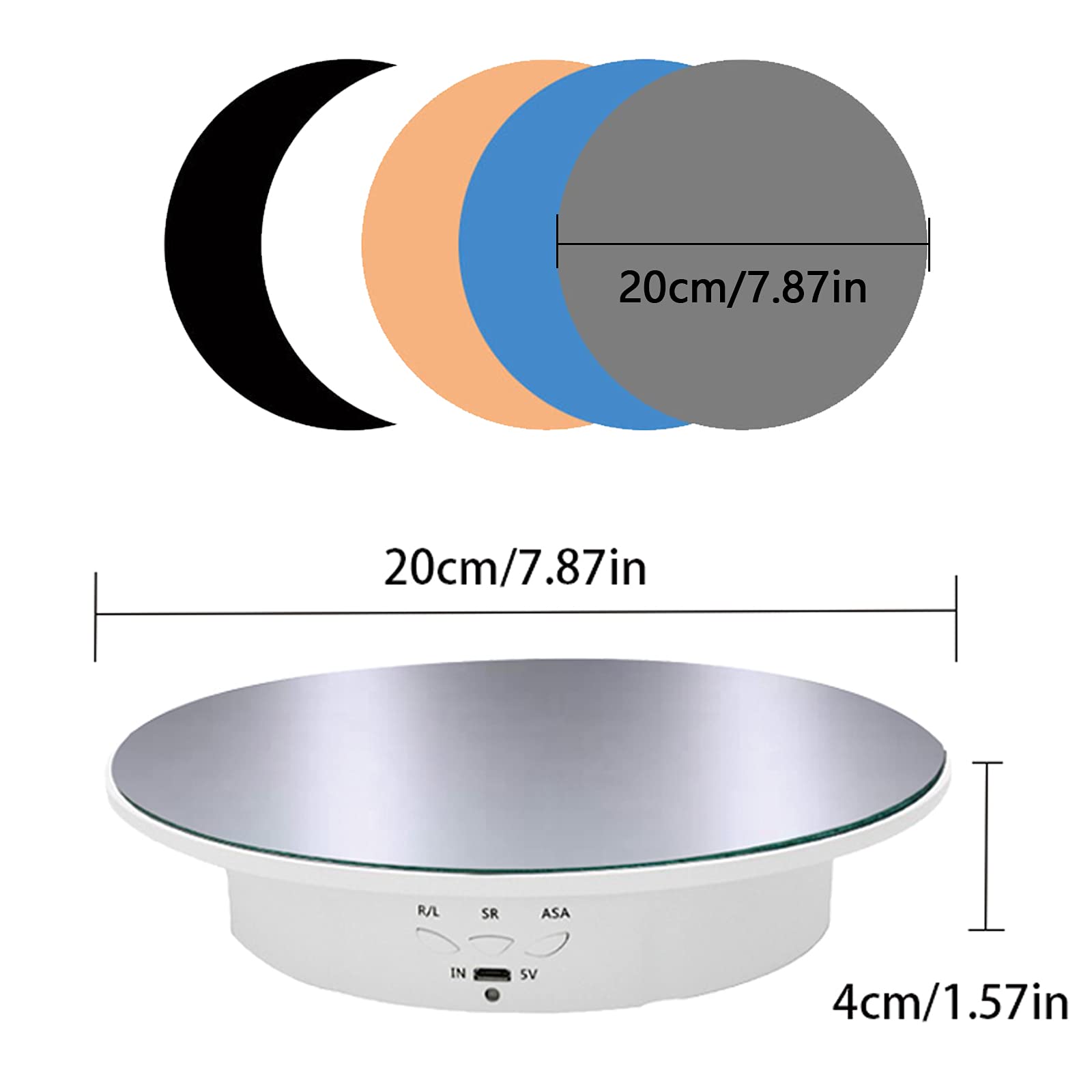 Supporto per vendita motorizzato, piatto girevole da 20 cm, piatto girevole elettrico con base girevole, 5 ripiani in PVC, carico 8 kg (specchio bianco)