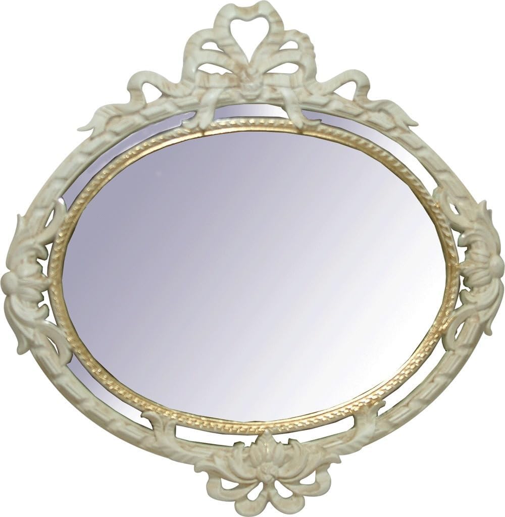 壁掛けミラー 楕円ミラー イタリア製 アイボリー リボン レリーフ 横 ウォールミラー おしゃれ アンティーク デコラティブ インテ