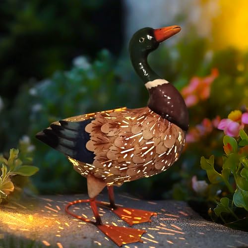 HONGLAND Solar Mallard Duck Outdoor Sculpture, 16" Metal Duck Garden Animal Statue with Lights for Outdoor Patio, Backyard, Lawn, Home Kitchen Decoration