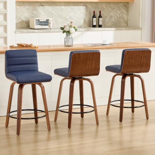 Image of Swivel Bar Stools Set of 6,26 inch Faux Leather Counter Height Barstools with Back,Mid Century Modern Upholstered Bar Chairs with Bentwood Legs Island Stools for Kitchen Counter Darkblue