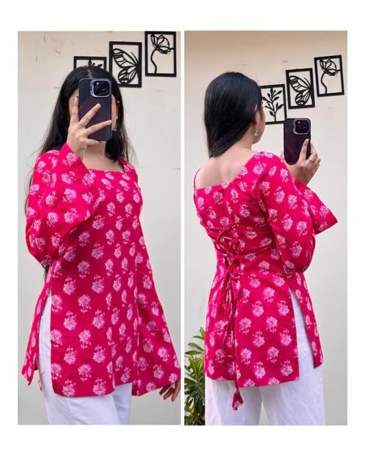 Image of Women's Rayon Printed Short Kurti | Straight Fit Casual Ethnic Top | Square Neck Full Sleeve Ladies Kurti Office College