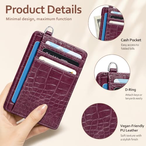 Image of Coco Rossi Crocodile Wallet Women Slim Credit Card Holder with Keychain | Luxury Wallets, Alligator Print, RFID Blocking, ID Case, Small Minimalist, Womens Girls Gift, Plum Croc