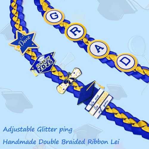 Image of Graduation Leis Class of 2026 Decorations, Handmade Double Braided Graduation Ribbon Leis with Glitter Pins for Him Her High School College Congrats Party Supplies (Blue & Gold)