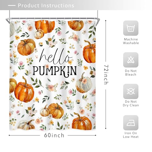 Image of Riyidecor Hello Pumpkin Floral Autumn Shower Curtain 60Wx72H Inch Cute Watercolor Flowers Fall Harvest Farmhouse Boho Plant Leaves Botanical Bathroom Decor Fabric Polyester Waterproof 12 Pack Hooks