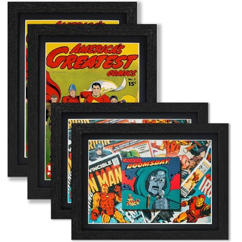 Image of JupDec Comic Book Frame, Premium Wood Display Case for 6 11 /16 inch x 10 3 /16 inch Comic, Wall Mount or Tabletop Stand, Layered Design with Positioning Mat, Perfect for Home Decor, 4 Pack, Black