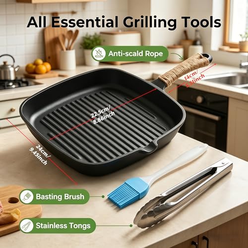 Cast Iron Grill Pan, 9.5" Square Griddle Skillet with Pour Spout, Oven Safe - Image 3