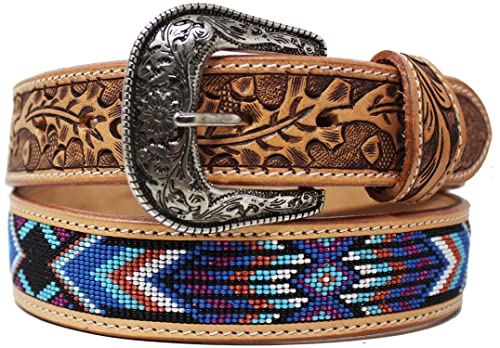 Unisex 1.5" Western Floral Tooled Beaded Full-Grain Leather Belt 26RT53B2