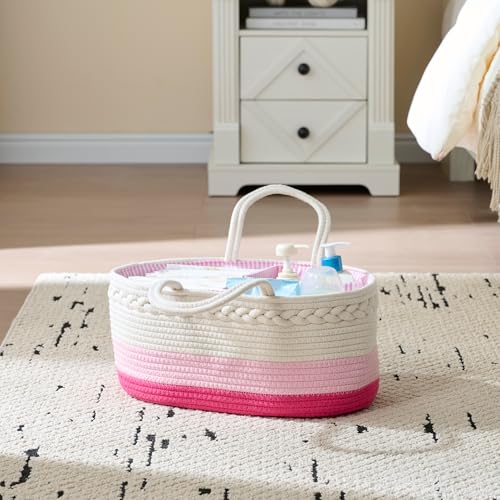Image of luxury little Diaper Caddy Organizer, Large Cotton Rope Nursery Baby Basket, Changing Table Organizer for Baby Diaper Storage, Portable Car Organizer Removable Divider (Pink, Extra Large)