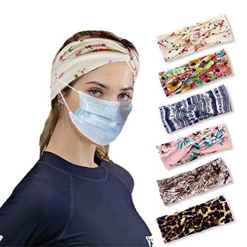 ESTART 6 Pack Women’s Yoga Sports Workout Headbands, Fashion Head Wraps with Buttons as an Ear Protector, Double-layer Warm and Crisscross Non-Slip Sweat-proof Bohemian Hair Accessories
