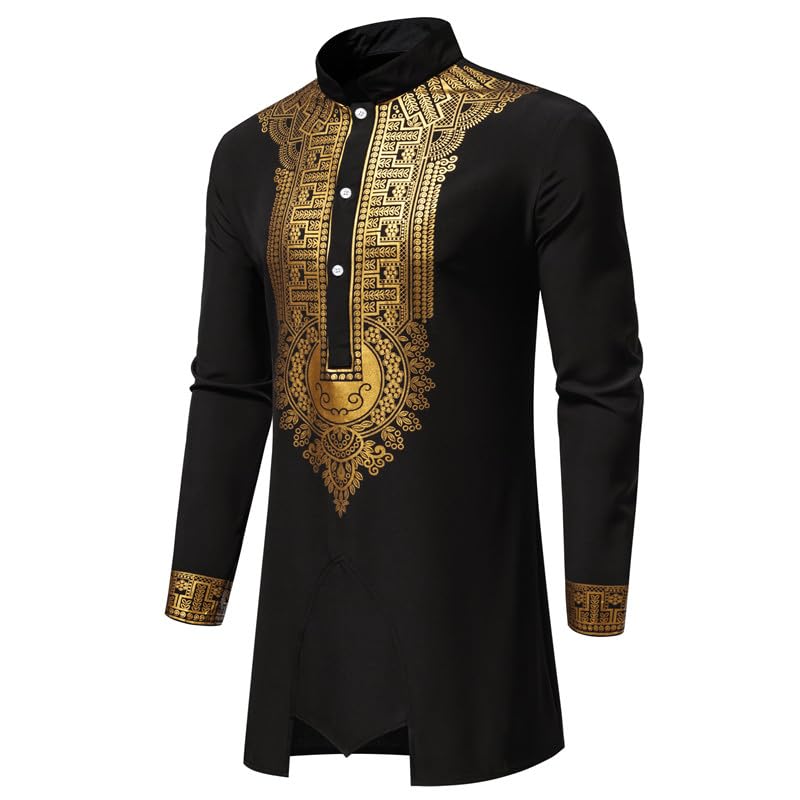 UNINUKOO African Dashiki for Men 2 Piece Sets Traditional Gold Print Shirts and Pants Suit Outfit2