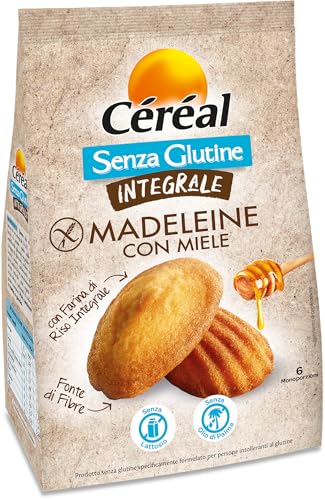 CÉRÉAL MADELEINE CON MIELE INTEGRALI, Senza glutine e senza lattosio, Senza latte, Con farina di riso integrale, Merendine per adulti e bambini, Perfette a colazione, 170 gr, 6 monoporzioni