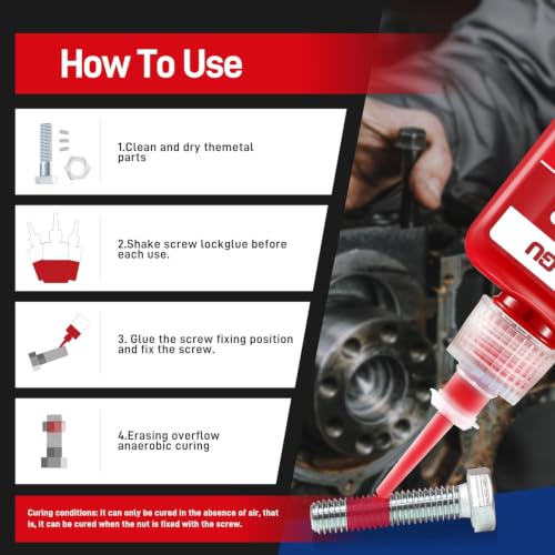 Image of VIKAGU263 Red High Strength&Temp Threadlocker - Anaerobic Screw Glue Resists 230C Heat, Oil & Chemicals - Medium Viscosity Glue for Bolts, Metal Fastener Lock 1.69Oz /50ml, 2 Pack