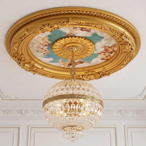 Threehoney 24" Od x 2.36" ID Gold Ceiling Medallion, French Style Antique Ornate PU Chandelier Ceiling Medallion, Victorian Cherubs Sky Decorative Plate for Light Fixtures & Fans, Easy Installation
