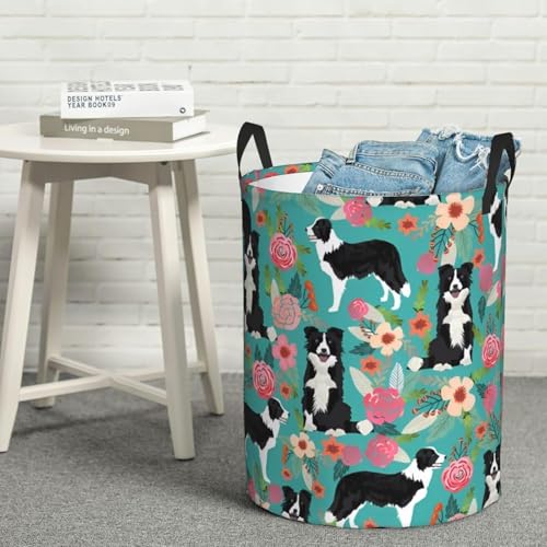 Border Collie Florals ランドリーバスケット 折りたたみ式円形ランドリーバスケット ハンドル付き 自立式 背の高いランドリーバッグ 洗濯箱 防水衣類収納バスケット 毛布用 おもちゃ Mサイズ
