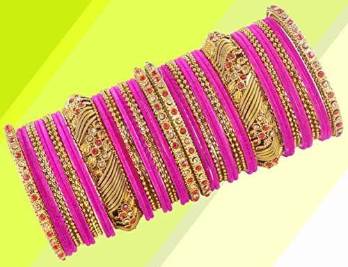 Image of NMII Metal with Zircon Gemstone and Beads Studded Ball Chain Linked Glossy Finished Velvet Bangles Chuda set for Women and Girls