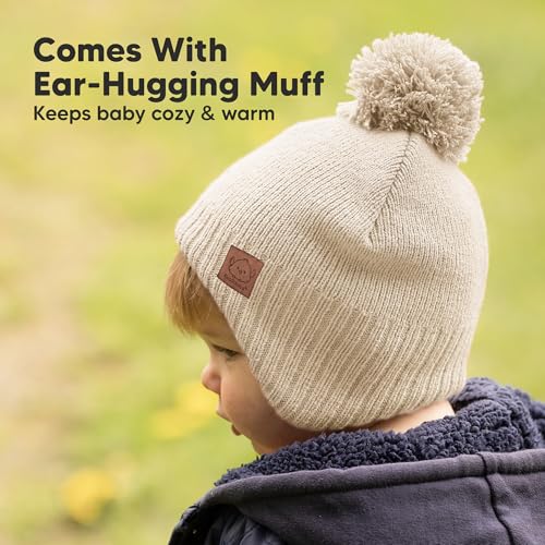 Image of Baby Beanie Winter Hat 6-36 Months - Cute Pom Winter Baby Hats with Earflaps, Soft & Stretchy Knit Toddler Beanies for Infant, Newborn 6-36 Months Boys, Girls, Cozy, Warm Fall Essentials (Cream, M)