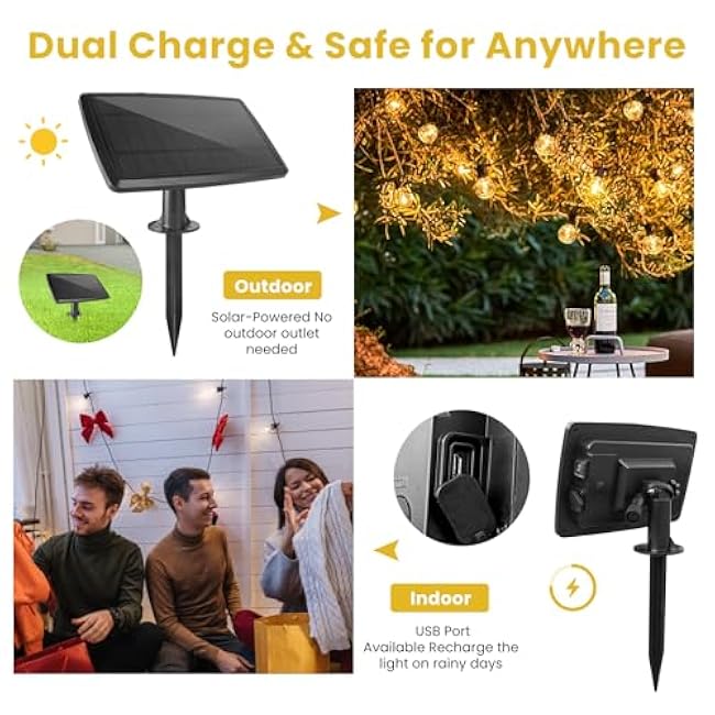 Solar String Lights G40 Solar Patio Hanging Lights 100FT Outdoor