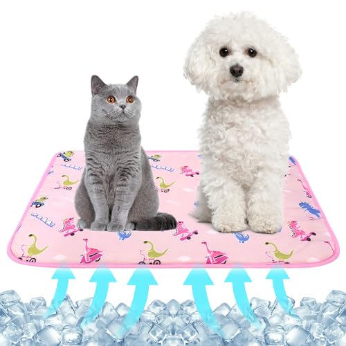 Image of NACOCO Summer Pet Cooling Mat - Cat Dog Cushion Pad Sleeping Cool Dinosaurs Comfortable Soft for Pets Kids and Adults (Pink Dinosaur, S)