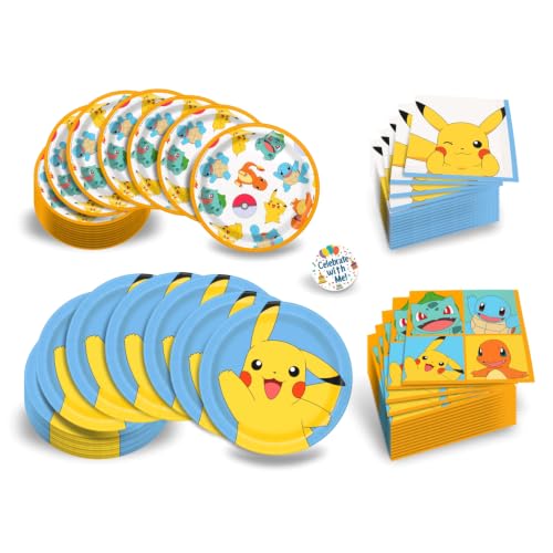 Unique Pokémon Party Supplies | Plates & Napkins Party Bundle | Serves 16 | Officially Licensed | Plates, Napkins | Birthday Tableware For Kids Parties, Movie Nights, Classroom Events