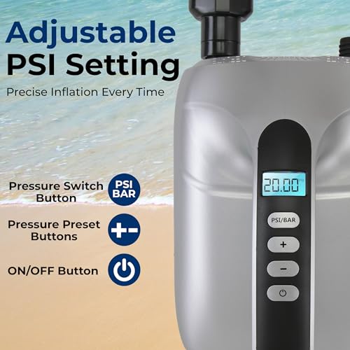 Image of Paddle Board Pump Electric - Portable 20 PSI Dual-Stage Air Compressor for Super Fast Inflation and Deflation, Auto-Off, LCD Display and 12V Car Connector - for SUP, Boats & Inflatables