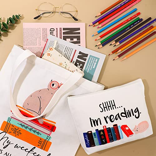 Image of Sieral 2 Pcs Book Lovers Gifts Canvas Tote Makeup Bag Set, Cat | Reusable, Cat Print Design, Multi Purpose Shopping Cosmetic Storage Pouch, Metal Zipper, for Readers Teachers Women