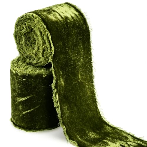 RIBBOOO Moss Green Velvet Ribbon - 3 Inch Handmade Fringe Frayed Silk Velvet Ribbon for Wreaths, Flower Bouquets, Dress Sash, Baby Showers, Weddings - 6 Yards