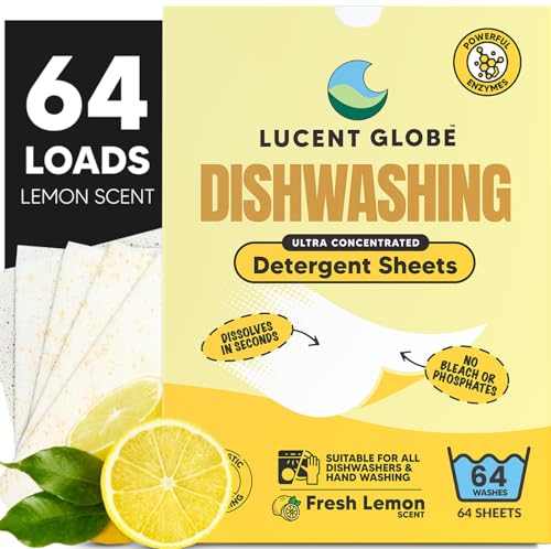 Image of Lucent Globe Dishwasher Dishwashing Detergent Sheets, Dish Soap & Dishwasher Tablets Alternative. Plant-Based, Eco-Friendly, Fully Biodegradable, Lemon Scent (1 Pack of 64 Washes)