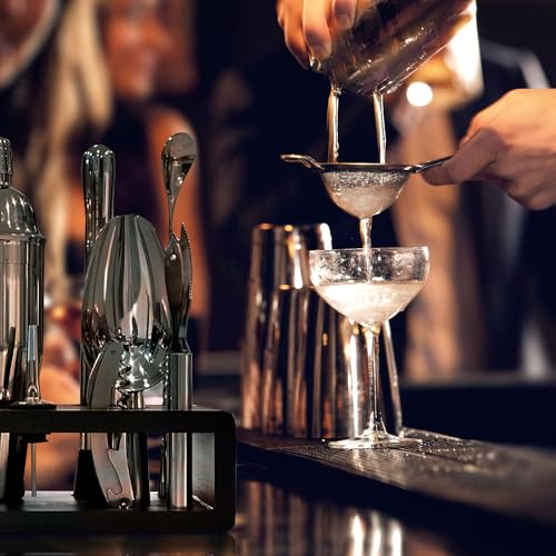 Image of Highball & Chaser Gun Metal Black Plated Bartender Kit with Espresso Bamboo Stand. Beautiful Cobbler Cocktail Shaker Set with Bar Tools Rustproof Stainless Steel Bar Set (Black)