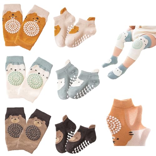 Feidoog Baby Crawling Knee Pads with Anti-Slip Elastic 3 Pairs Knee Pads and 3 Pairs Socks Set Infant Kneepads for Crawling Yellow+Blue+Brown S 0-1 Year