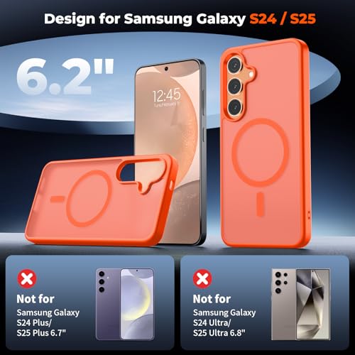 Image of SUPFINE Magnetic for Samsung Galaxy S24 Case / S25 Case with Screen Protector, (Built-in Magnets) (Military Grade Drop Protection) Slim Translucent Shockproof Phone Case,Orange