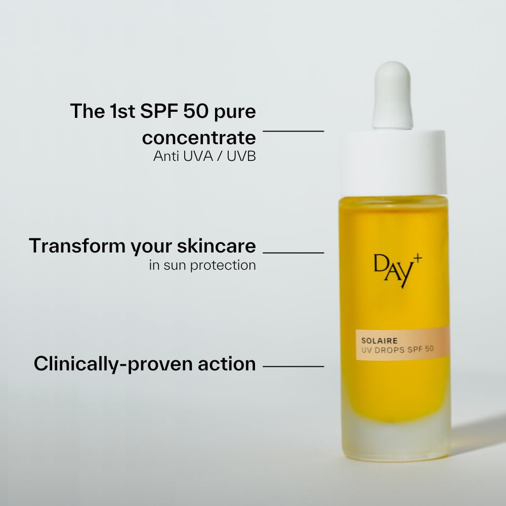 DAY+ | UV DROPS SPF 50 | Serum do twarzy o wysokiej ochronie przeciwsłonecznej | Chroni przed UVA/UVB, zwalcza zmarszczki i starzenie się skóry, nawilżenie | Karanja, pestki winogron | Butelka 30 ml