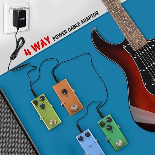 Image of STRICH SPA-10 Guitar Pedal Power Supply Adapter (1000mA -1A) AC DC 9V with 4 Way Daisy Chain Pedal Cables, Compatible for Most Effect Pedals (Tip Negative), Black
