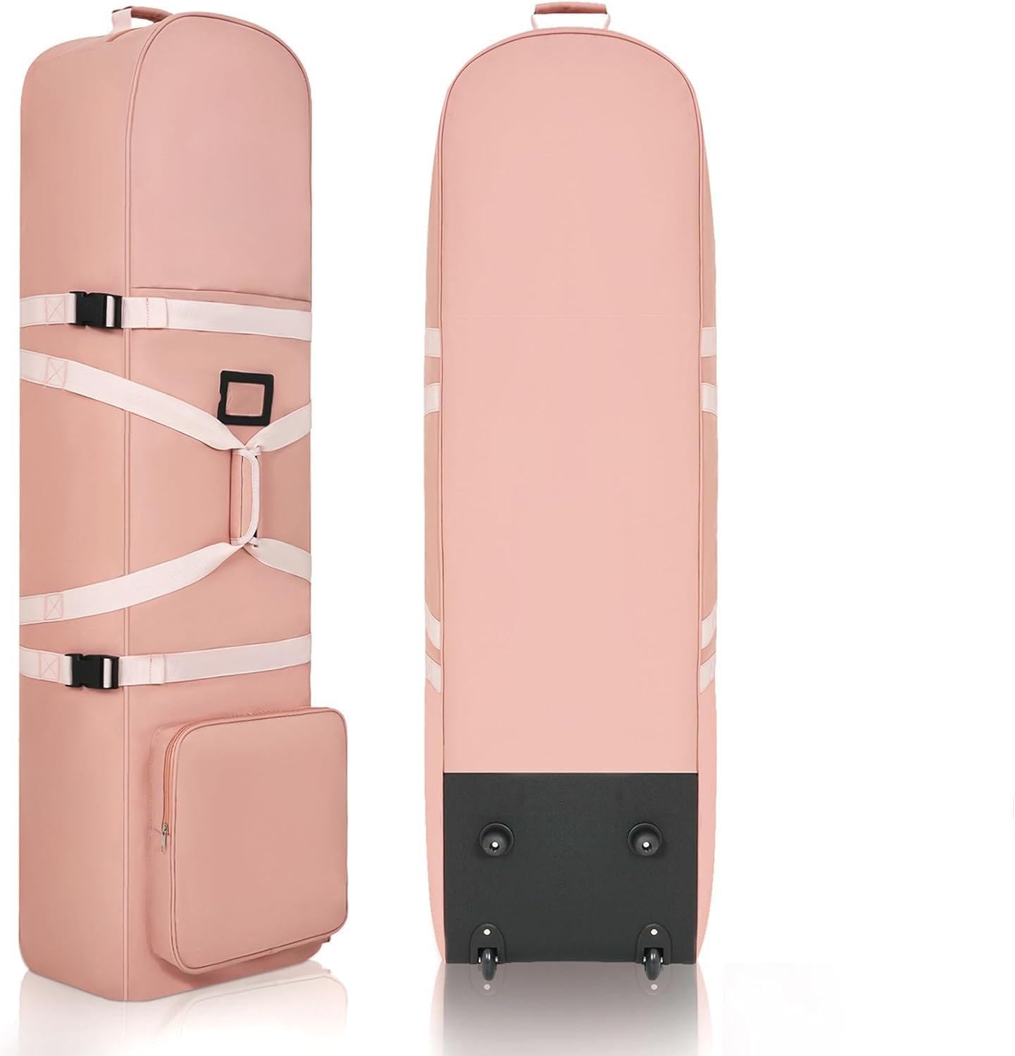 Padded Golf Travel Bag with Wheels, 900D Heavy Duty Oxford Golf Club Case for Airlines, Durable Handel with Lightweight Foldable Design, Tear Resistant Golf Luggage Cover (Pink-Handle)
