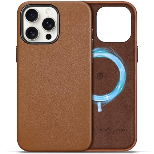 SHIELDON Hülle für iPhone 15 Pro Max Handyhülle Schutzhülle [Echtleder] [Kabellos Laden] [Elegant Aussehen] [Magnetisch] Dünn Lederhülle Case Cover Kompatibel mit iPhone 15 Pro Max 5G 6 1 Sattelbraun