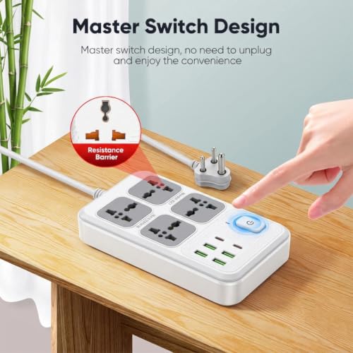 Image of Power Strip with 4 Universal Sockets with Child Security + 4 USB Ports + 2 Type-C Port, High Temperature Fuse Protector, 1500W with 2 Meter Cable, Wall Mountable Multi Plug for Home - White