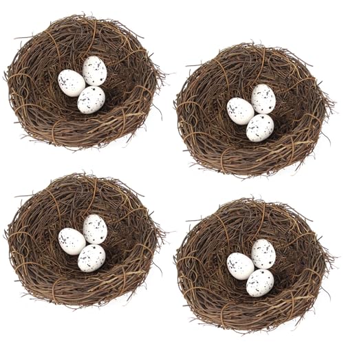 LWINGFLYER Artificial Birds Nest with Eggs 4 Sets Large Decorative Rattan Birds Nest 4.7Inch for Spring Christmas Tree Ornaments Easter Decor Crafts Patio Garden Home Decor
