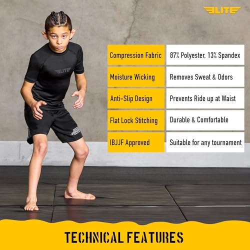 Image of Elite Sports Kids Jiu Jitsu BJJ Rash Guard, Short Half Sleeve Compression Shirt for Youth Boys Girls Sports Nogi Training