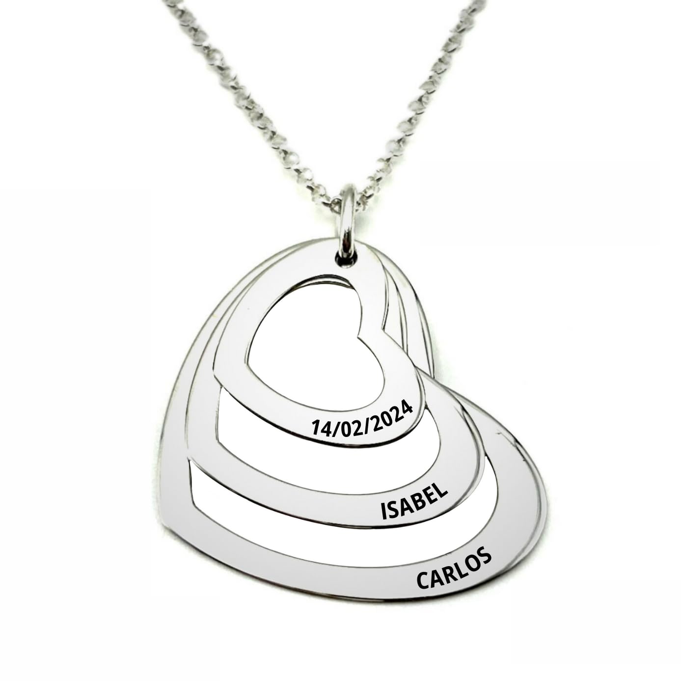 LUXFAN´S FANTASY DELUXE Collar Corazón con Grabación de Nombres Personalizada en Plata de Ley 925 Cadena de 45cm + Alargador. Regalo ideal de San Valentín, para Novia Madre Abuela. Hecho en España. (3 Corazones Plata)