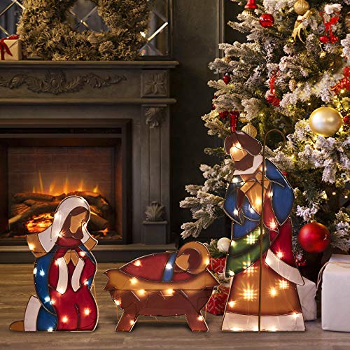 Christmas Nativity Set, 34.3" Christmas Holy Family Nativity Scene with Plug, Lighted Nativity Scene with Clear Mini Lights, Christmas Indoor/Outdoor Nativity Set (Baby Jesus, Mary and Joseph) - Thumbnail 2