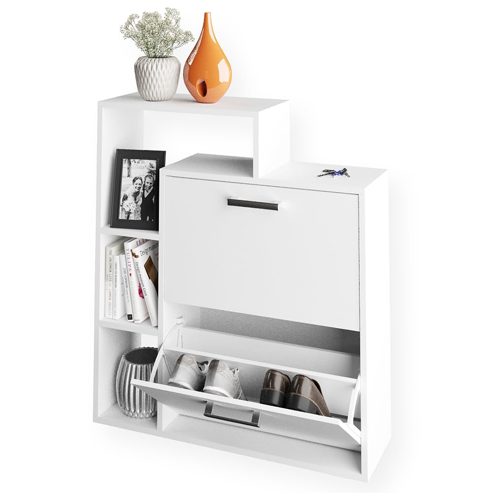 Vicco Zapatera abatible Orlando, Blanco, 24.5 x 90 cm, con dos estantes plegables para un almacenamiento de zapatos que ahorra espacio