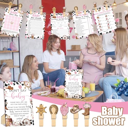 Image of Patelai 321 Pcs Cowgirl Baby Shower 5 Games Set Western Don't Say Baby Shower Decorations 250 Game Card Cow Girl Gender Reveal Party 50 Mini Clothespin 20 Pencils for Pink Western Birthday Decorations