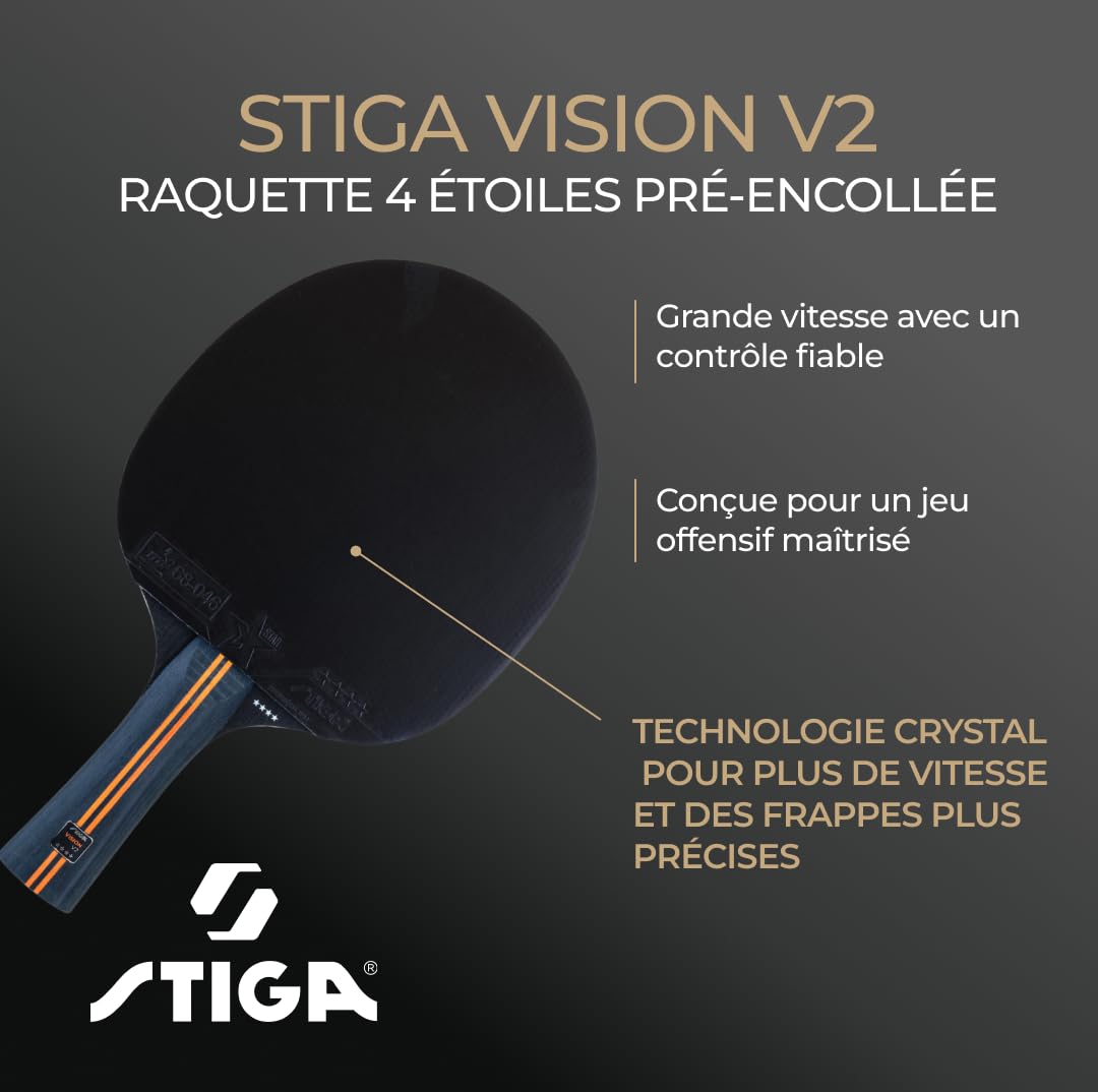STIGA Raquette de Tennis de Table Vision V2 – Raquette 4 Étoiles Offensif, Vitesse & Contrôle, Bois 5 Plis, Manche Concave, Crystal Technology, Revêtement ITTF Star 4, Mousse 2,0 mm