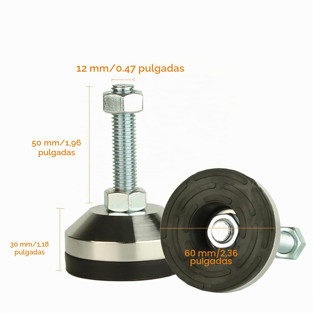 Niveladores de patas de alta resistencia, Patas niveladoras de 2.36 "de diámetro Base, Rosca M12, capacidad de 1300 lb,Capacidad para banco de trabajo, máquina, gabinete (negro, D60xM12x50,4 Pcs)