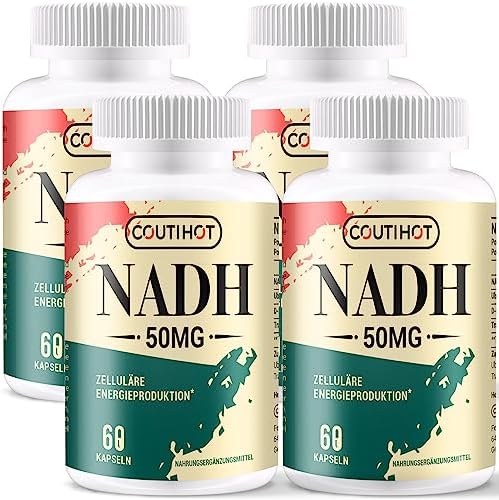 Coutihot NADH 50 mg – 240 Kapseln, reduzierte Form von NAD+, hochdosiert mit Coenzym Q10 (200 mg) & D-Ribose (150 mg), GVO-frei, glutenfrei