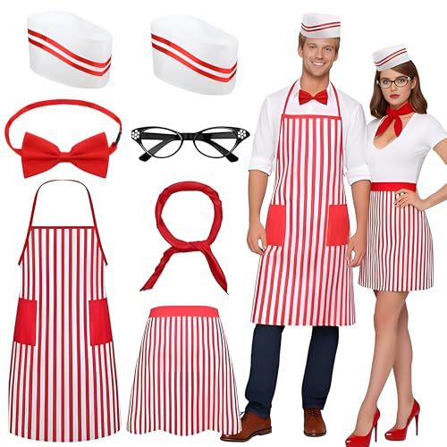 Yahenda 7 Pcs 1950s Waiter Couple Costume Halloween Retro Diner Waiter Costume Soda Jerk Ice Cream Outfit Kit with Apron Chef Hat Bow Tie Scarf Cat Eye Glasses for 50s Movie Night Cosplay Party