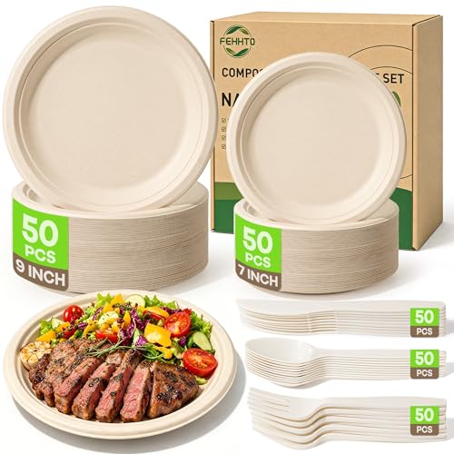 Compostable Paper Plates Set (250PCS) with Utensils