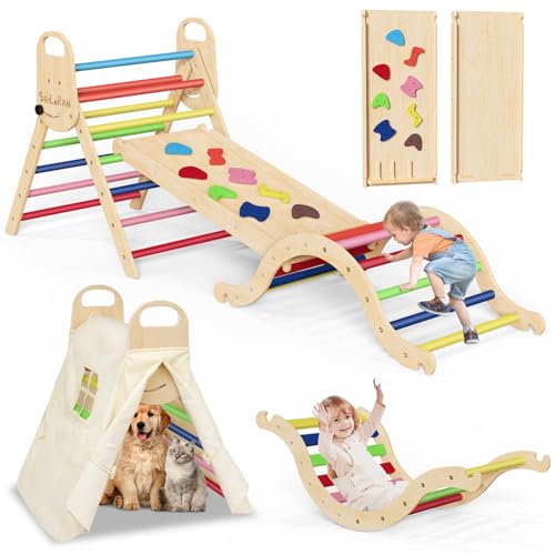 Image of Sehloran Large Size 8 in 1 Pikler Triangle Set with Pinball Game and Tent for Kids, Foldable Toddler Climbing Toys Indoor, Natural Wooden Montessori Climbing Set Jungle Gym with Arch&Ramp&Ladder