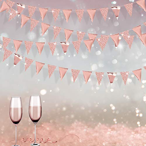 Image of 30Ft Rose Gold Party Decoration Rose Pink Triangle Pennant Banner Blush Pink Hanging Paper Flag Bunting for Graduation Wedding Bridal Shower Birthday Bachelorette Engagement Anniversary Party Supplies